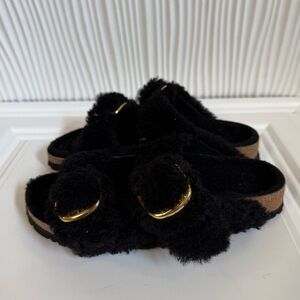 BIRKENSTOCK ARIZONA BIG GOLD BUCKLE BLACK SHEARING BRAND NEW SIZE 8